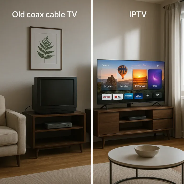 Vergelijking tussen traditionele kabeltelevisie en moderne IPTV in een Nederlands interieur