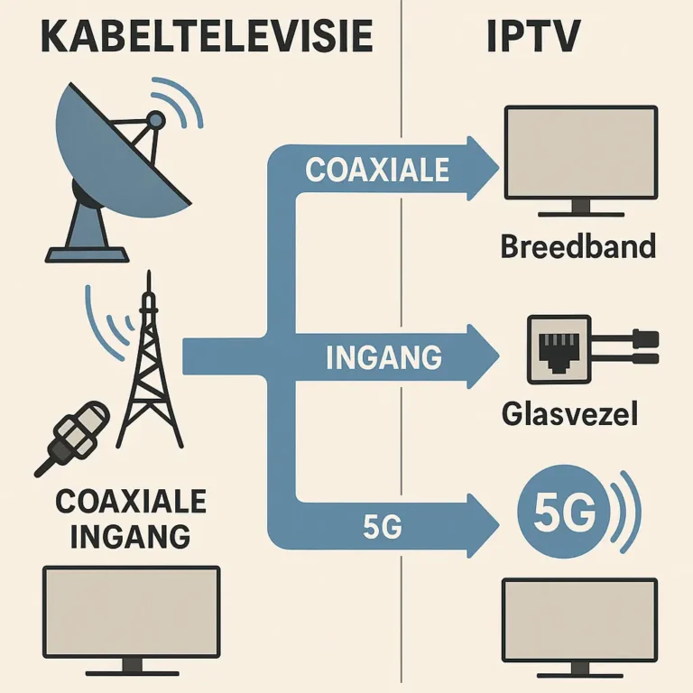 Infographic met verschil in signaalverdeling tussen kabeltelevisie en IPTV